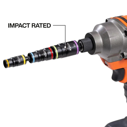 Impact rated drill with Six in One Flip Socket Set for Metric Hex Bits with Rare Earth Magnet, color coded 7-14 mm sockets