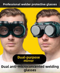 Front view of Flip Up Safety Goggles For Welding With Adjustable Fit Green Plastic Frame worn by a person