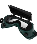 Flip Up Safety Goggles For Welding With Adjustable Fit Green Plastic Frame, open front view with clear lenses