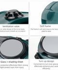 Collage of Flip Up Safety Goggles For Welding With Adjustable Fit Green Plastic Frame features including ventilation and shading.