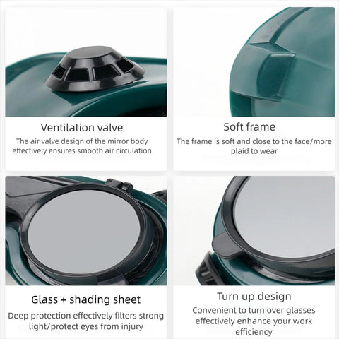 Collage of Flip Up Safety Goggles For Welding With Adjustable Fit Green Plastic Frame features including ventilation and shading.