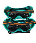 Pair of Flip Up Safety Goggles for Welding with Adjustable Fit Green Plastic Frame, showing strap and lens details
