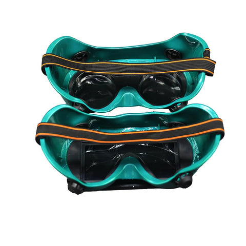 Pair of Flip Up Safety Goggles for Welding with Adjustable Fit Green Plastic Frame, showing strap and lens details