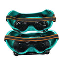 Flip Up Safety Goggles For Welding With Adjustable Fit Green Plastic Frame, front view of two pairs stacked, elastic straps visible