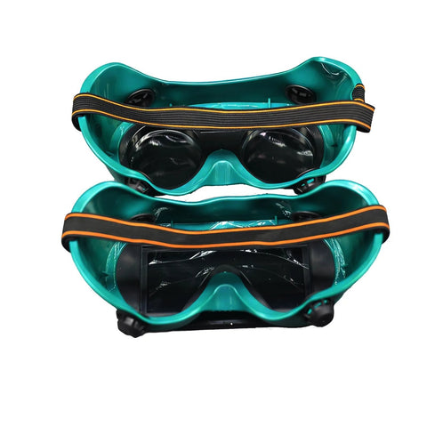 Flip Up Safety Goggles For Welding With Adjustable Fit Green Plastic Frame, front view of two pairs stacked, elastic straps visible