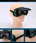 Flip Up Safety Goggles For Welding With Adjustable Fit Green Plastic Frame shown on mannequin head