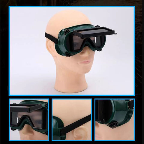 Flip Up Safety Goggles For Welding With Adjustable Fit Green Plastic Frame shown on mannequin head