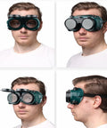 Flip Up Safety Goggles For Welding With Adjustable Fit Green Plastic Frame shown in front and side views