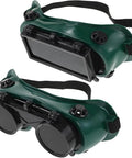 Flip Up Safety Goggles For Welding With Adjustable Fit Green Plastic Frame, side and front view of green welding goggles with flip-up lenses.