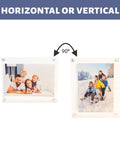 Crystal-clear floating picture frame with diamond-polished acrylic edges and durable silver aluminum standoffs, showing horizontal and vertical displays of family photos.