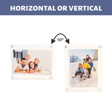 Crystal-clear floating picture frame with diamond-polished acrylic edges and durable silver aluminum standoffs, showing horizontal and vertical displays of family photos.