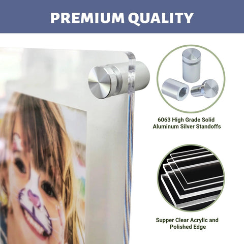 Crystal-clear floating picture frame with diamond-polished acrylic edges and silver standoffs displaying an image