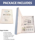 Package contents of crystal-clear floating picture frame with diamond-polished acrylic edges and silver standoffs for wall mounting.