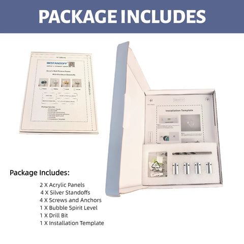 Package contents of crystal-clear floating picture frame with diamond-polished acrylic edges and silver standoffs for wall mounting.