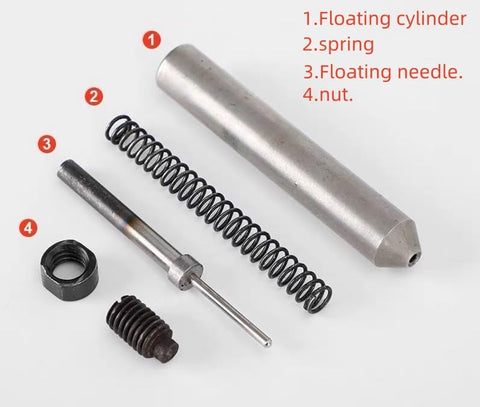 Riveting Machine Kit With Accessories CYYDS For Semi Hollow Rivets showing floating cylinder, spring, floating needle, and nut.