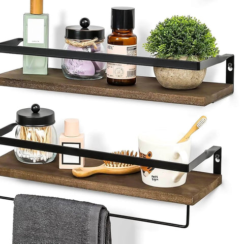 Decorative shelves on wall with various items including bottles and a plant. Ideal for use with 140pcs Black Self Drilling Drywall Anchors Kit with #8 Flat Head Screws.
