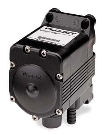 Black Flojet G57 Series Pump, Air Driven with metal screws, Santoprene material, front view