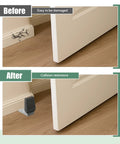 Two Pack Floor Door Stop Angle Door Stopper Heavy Duty Base For Doors With Up To Two Inch Gap Fits Wood And Concrete Floors Grey With Rubber Bumper And Stainless Steel Screws Includes Mounting Accessories showing before and after usage.