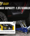 1.5 Ton Low Profile Floor Jack With Quick Lift Dual Pump For Cars And SUVs, 3300 Lb Capacity next to tire and packaging