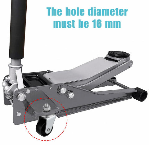 2 Pcs Floor Jack Casters For 4 Ton Floor Jack With Cast Iron Construction And 16mm Stem, shown in use on a metallic floor jack.