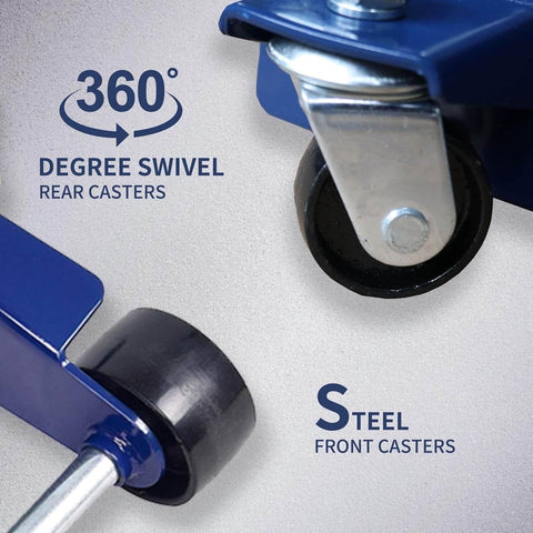 Heavy Duty 3 Ton Floor Jack With Low Profile Design featuring swivel rear and steel front casters for easy maneuverability.