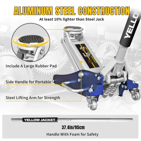 1.5 Ton Low Profile Floor Jack With Quick Lift Dual Pump For Cars And SUVs, 3300 Lb Capacity, shown with steel and aluminum build