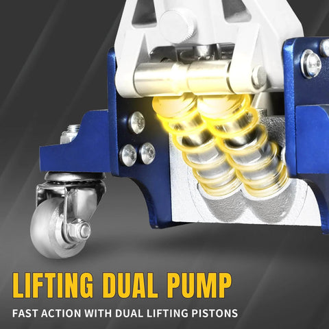 Close-up of dual pumping system on 1.5 Ton Low Profile Floor Jack With Quick Lift Dual Pump For Cars And SUVs, steel construction.