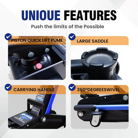 Heavy Duty 2 Ton Low Profile Floor Jack With Wheels For Quick Lifts And Stable Support For Sedans SUVs And Light Trucks With Lifting Range From 5.31 Inches To 13 Inches Including Rubber Saddle And Easy Pump ANTPOWER features overview with piston quick lift, large saddle, carrying handle, and swivel wheels.