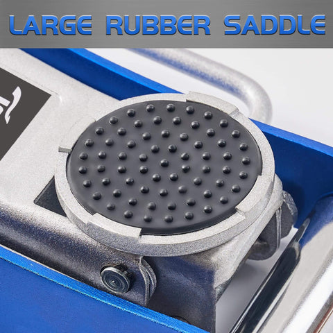 Close-up of the large rubber saddle on a Low Profile 2 Ton Floor Jack With Dual Pump System For Quick Lift, Durable Blue.