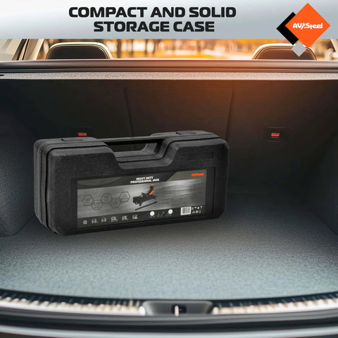 Heavy Duty 1.5 Ton Car Floor Jack With Five And One Eighth Inch To Twelve Inch Lift Range in solid storage case in car trunk