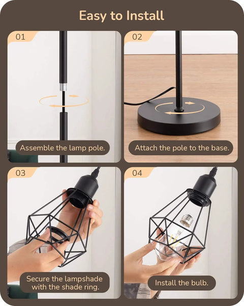 Assembly instructions for 70 Inch Farmhouse Floor Lamp With Diamond Cage Shade And Dimmable Lighting Includes Three LED Edison Bulbs Rustic Tree Corner Accent For Living Room Bedroom Or Office Black Finish Modern Cozy Vibe Lighting.