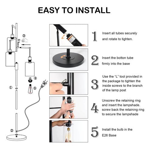 Assembly steps for Industrial Floor Lamp With Dimmable On Off Switch Three Head Rustic Tree Style Standing Lamp