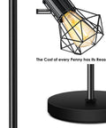 Close-up of Industrial Floor Lamp With 3 Adjustable Cage Heads And Independent Control Black Standing Lamp base and cage head.