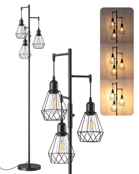 70 Inch Farmhouse Floor Lamp With Diamond Cage Shade And Dimmable Lighting Includes Three LED Edison Bulbs Rustic Tree Corner Accent For Living Room Bedroom Or Office Black Finish Modern Cozy Vibe Lighting