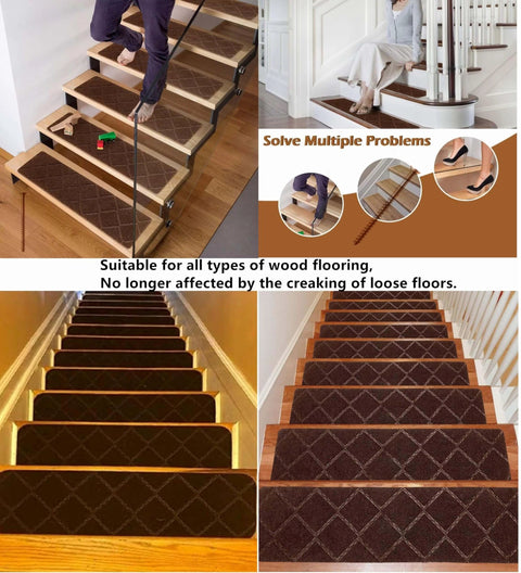 Eliminate Squeaky Noise Floor Repair Kit with 5 Tools and 50 Screws for Wood Floors shown solving squeaks on staircases.