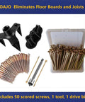 Eliminate Squeaky Noise Floor Repair Kit with 5 Tools and 50 Screws for Wood Floors shown with various screws and tools