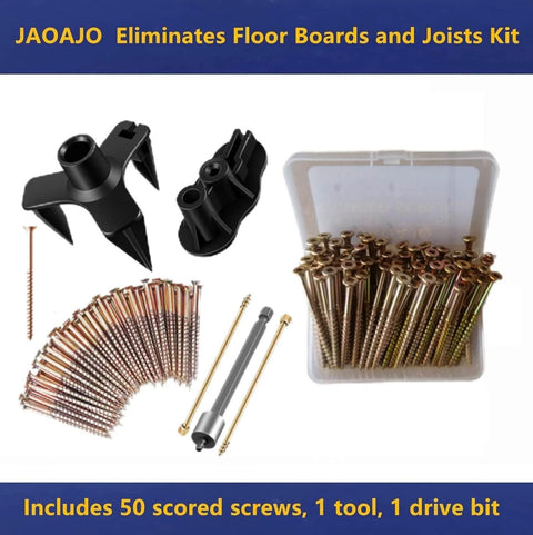 Eliminate Squeaky Noise Floor Repair Kit with 5 Tools and 50 Screws for Wood Floors shown with various screws and tools