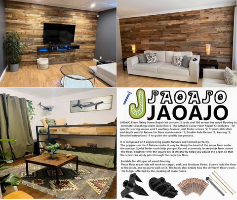 Living room with wooden walls and Eliminate Squeaky Noise Floor Repair Kit ad featuring 5 tools and 50 screws for wood floors.