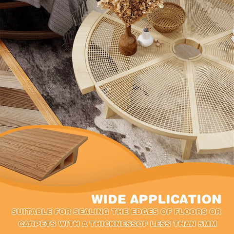 Floor Transition Strip 3.3ft, Double Sided Self-Adhesive PVC Floor Transition Strip shown sealing floor edges, in use near a table.