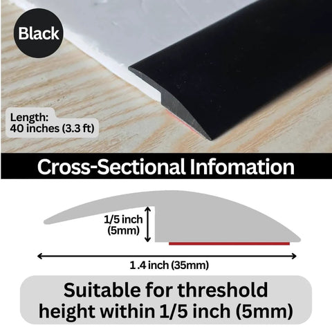 Floor Transition Strip Self Adhesive Carpet Wood Tile Vinyl Flooring Laminate Transition Cover Edge Trim Gap Doorway Threshold for Uneven Floors Heights Within 5 mm (Black, 40 inches) showing cross-sectional view and dimensions