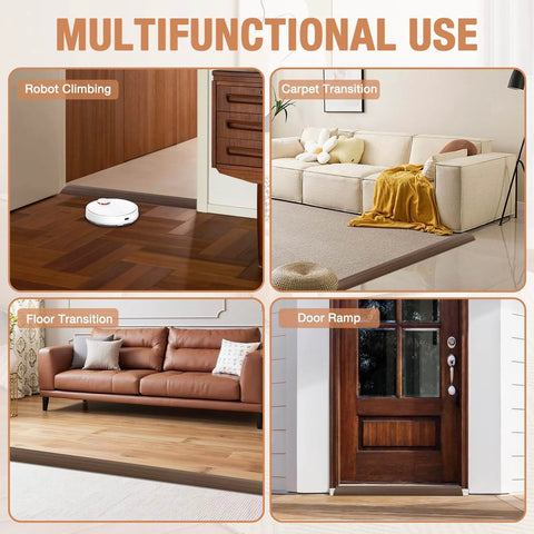 Floor Transition Strip Self Adhesive Vinyl Door Threshold for Carpet Edging, shown in home with wood and carpet floors, 3.3Ft.