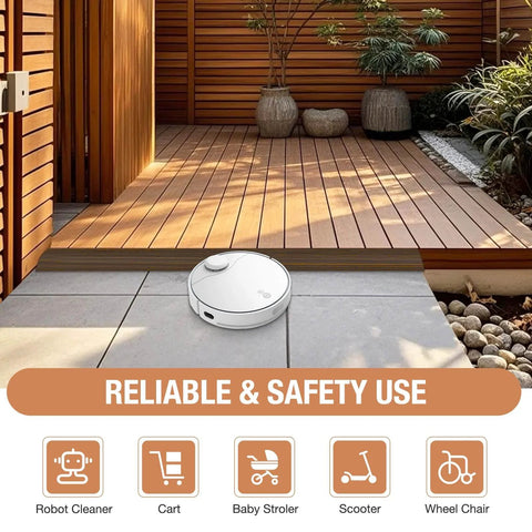 Floor Transition Strip Self Adhesive Vinyl Door Threshold for Doorways Carpet Edging Trim Overlap Edge Reducer for Laminate Floor visible on patio with robot cleaner