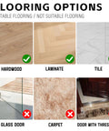 Flooring options for double sided door draft stopper; hardwood, laminate, tile suitable; glass, carpet, threshold not suitable