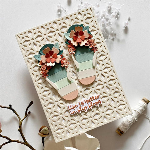 Greeting card made with Grid Background Board Die Set for Card Making and Scrapbooking, featuring floral flip-flop design on embossed paper.