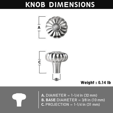 Dimensions diagram for 12 Pack Floral Satin Nickel Cabinet Knobs With Blooming Flower Design For Kitchen And Dresser Drawers.