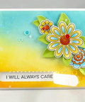 Greeting card with Rip Strips Frame Metal Die Cuts for DIY Scrapbooking, featuring vibrant flowers and message 'I Will Always Care'.