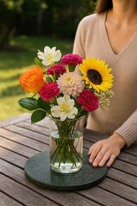 12 inch green natural marble lazy susan turntable with a floral arrangement on a wooden table in an outdoor setting.