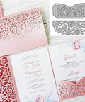 Metal Flower Wedding Invitation Border Die Cuts Set with Cutting Dies and Embossing Stencils Template shown on a pink wedding card