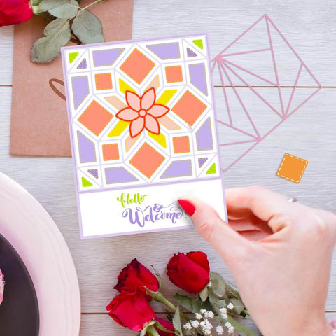 Dope Triangle And Rectangle Background Cutting Dies Set For DIY Scrapbooking Card Making displayed with a floral card design.