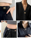 Eight Flower Button Set Waist Tighteners For Jeans And All Clothing in Black Silver Light Gold and Frosted Gold, demonstrated on clothes